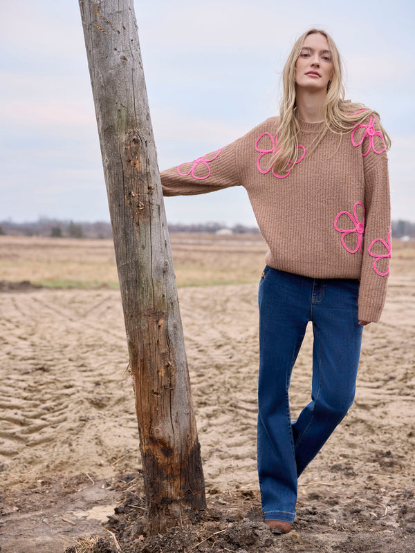 Floral Soutache Crew Neck Sweater - Heather Truffle