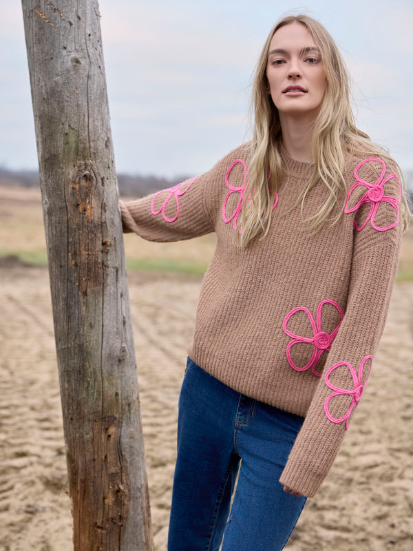 Floral Soutache Crew Neck Sweater - Heather Truffle
