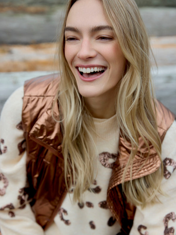 Mock Neck Sweater With Animal Print Sequin Detail - Heather Oat