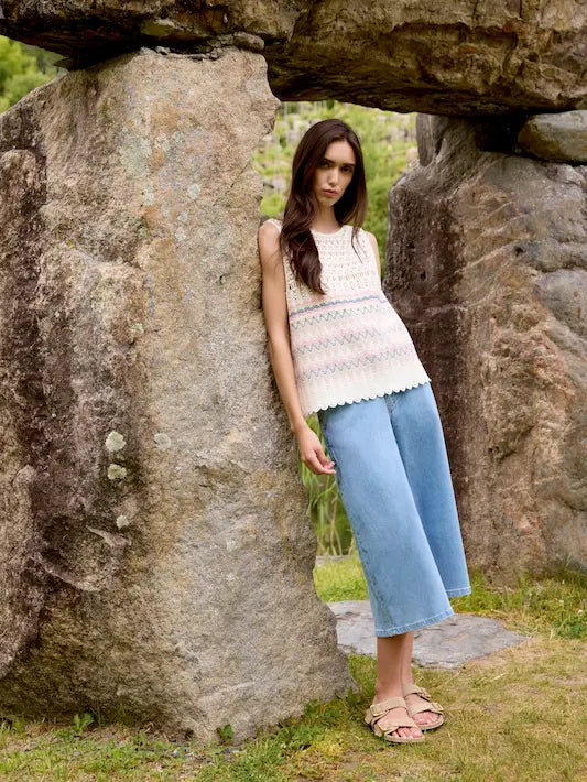 Striped Sleeveless Crochet Cotton Blend Top - Stripes