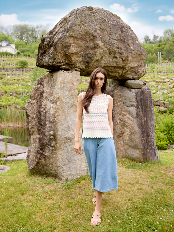 Striped Sleeveless Crochet Cotton Blend Top - Stripes