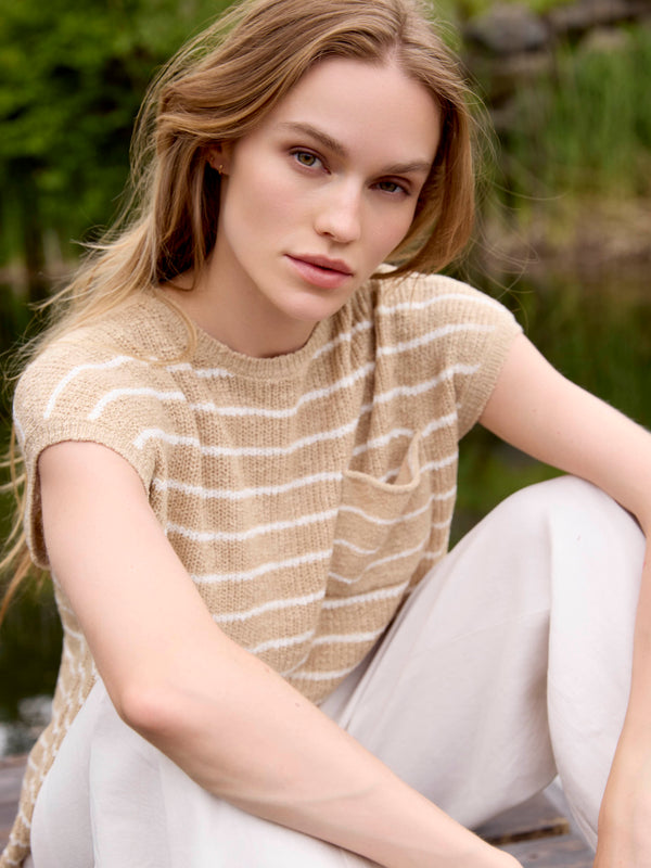 Striped Cap Sleeve Knit Top - Sand