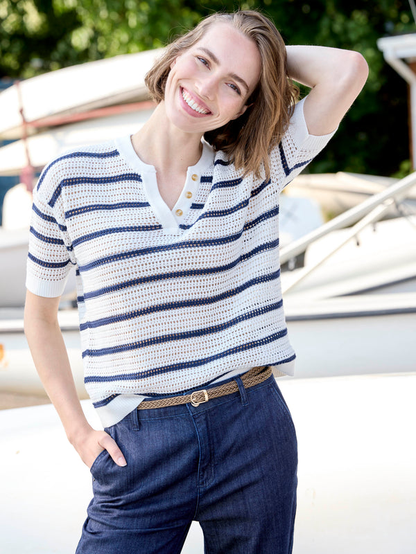 Striped Fishnet Crochet Cotton Top - Stripes