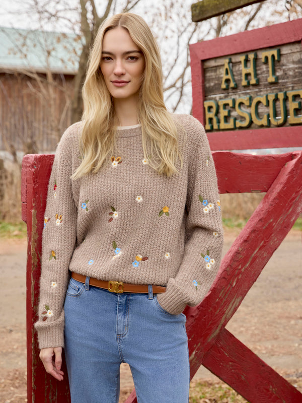 Crew Neck Sweater With Floral Embroidery - Heather Light Brown