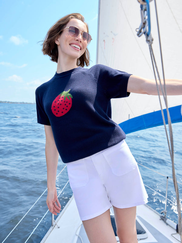 Haut en tricot de coton à manches courtes - Marine