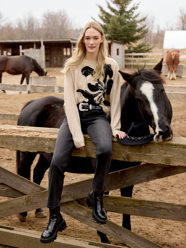 Floral Jacquard Crew Neck Sweater - Flowers