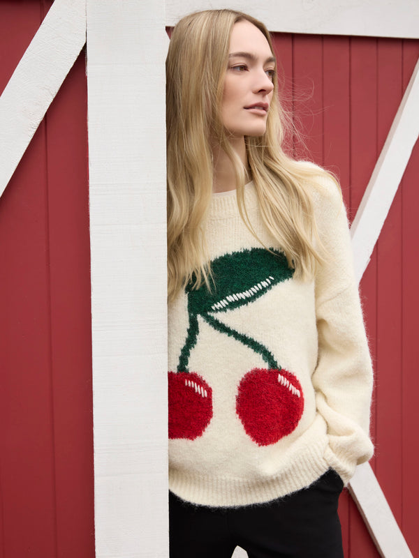 Cherry Fuzzy Drop Shoulder Sweater - Cherry