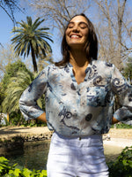 Printed Cotton Blend Half-Button Blouse - Feather