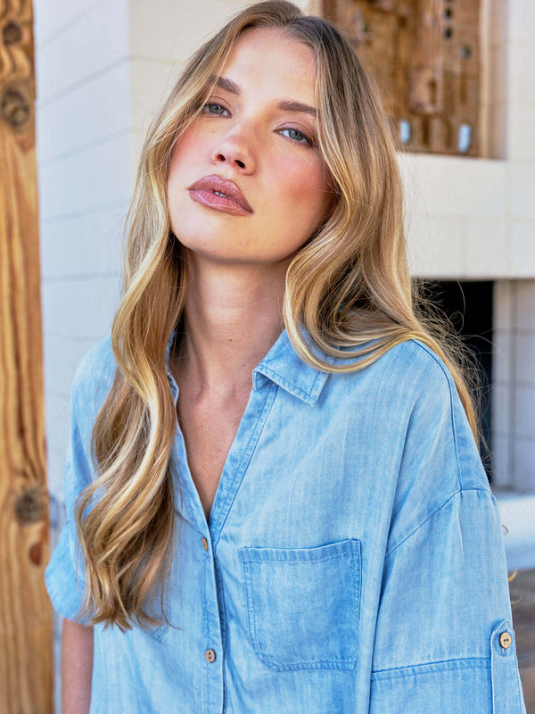 Short Sleeve Button-Front Tencel Shirt - Light Blue