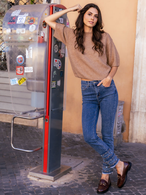 Balloon Elbow Sleeve Knit Sweater - Sesame