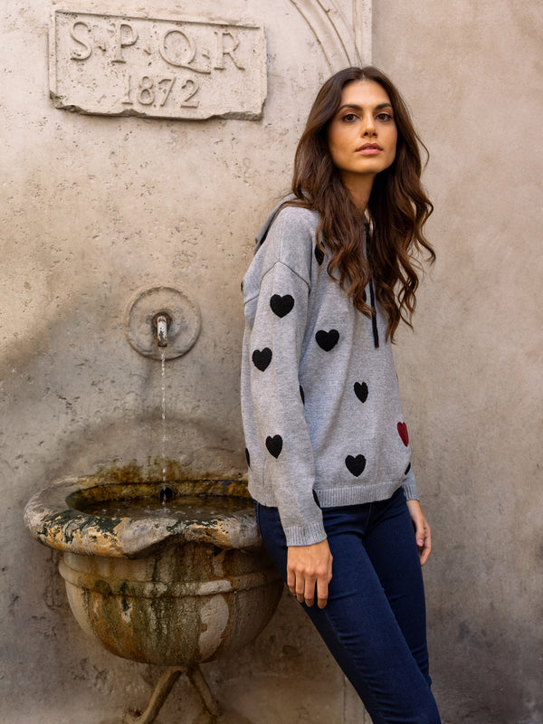 Embroidered Hearts Hoodie Sweater - Heather Grey