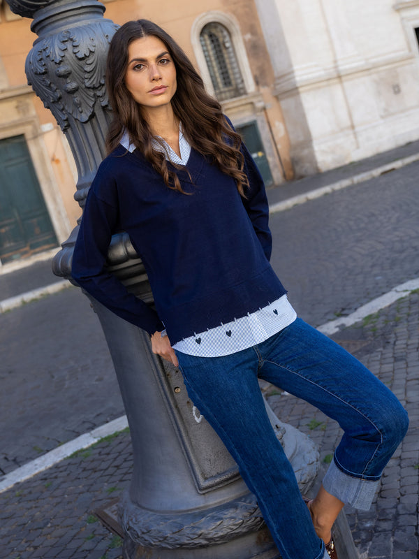 V-Neck Fooler Sweater With Embroidered Shirt Collar - Navy