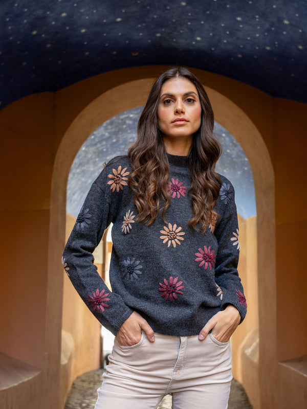 Mock Neck Sweater With Floral Embroidery - Heather Charcoal