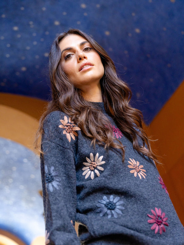 Mock Neck Sweater With Floral Embroidery - Heather Charcoal