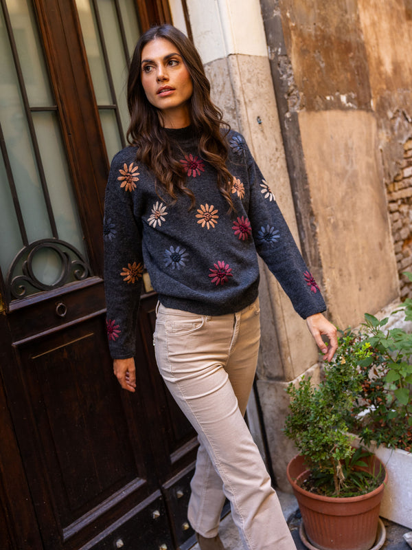 Mock Neck Sweater With Floral Embroidery - Heather Charcoal