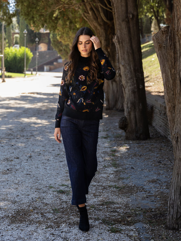 Embroidered Mock Neck Sweater - Black