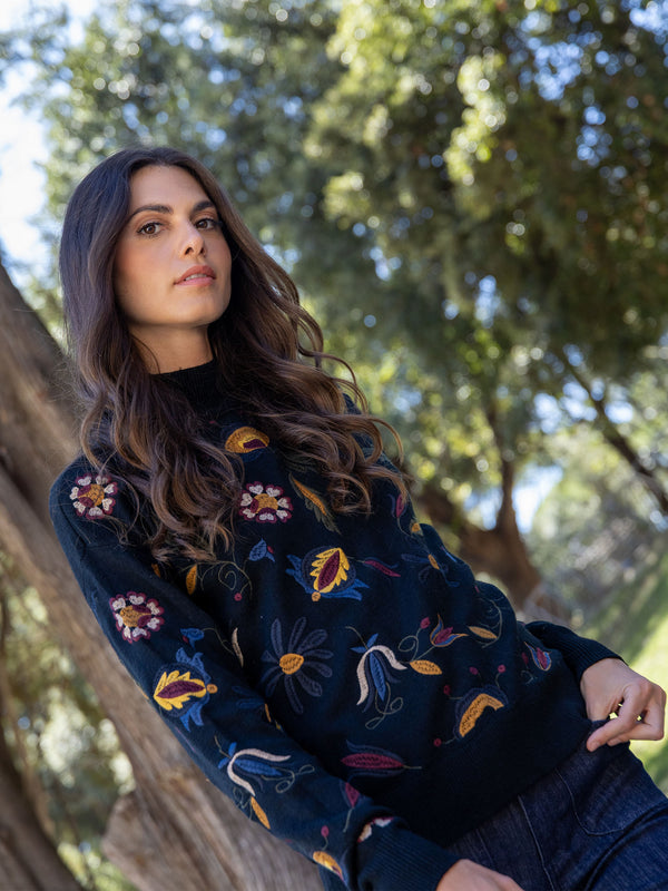 Embroidered Mock Neck Sweater - Black