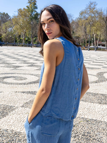 Haut sans manches en tencel à bordures festonnées - Bleu Moyen