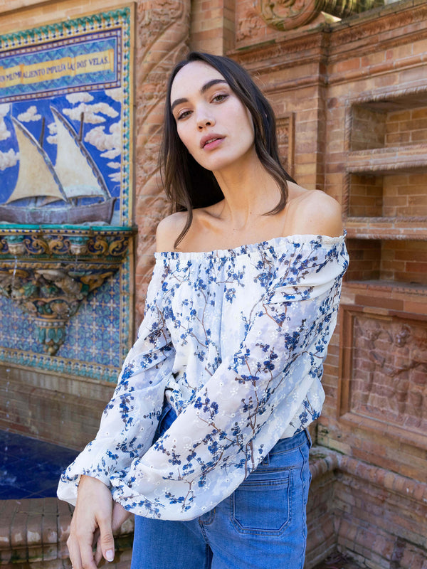Blouse imprimée en broderie anglaise à épaules dénudées - Fleurie