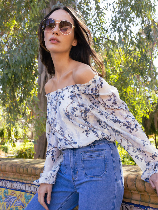 Printed Eyelet Off-Shoulder Blouse - Blossom