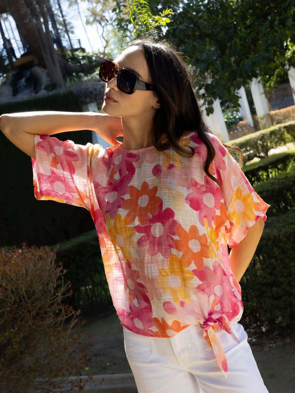 Blouse imprimée en gaze de coton avec lien sur le côté - Élégant