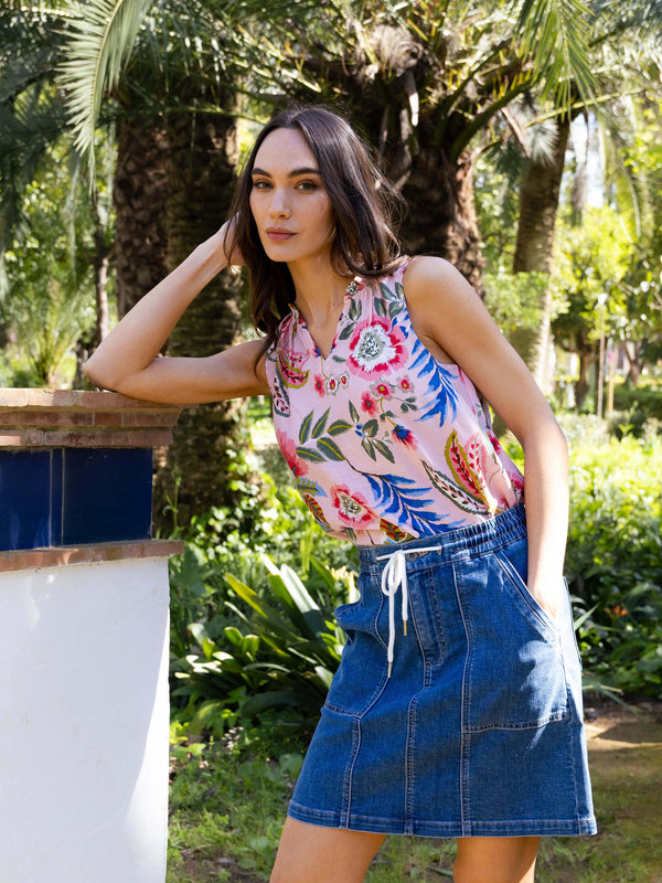 Printed Sleeveless Ruffle Neck Top - Gardenia