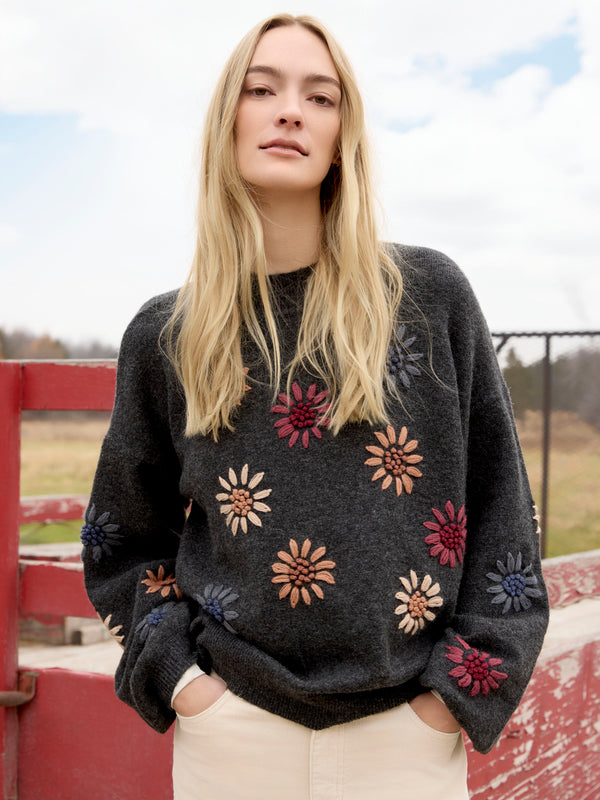Mock Neck Sweater With Floral Embroidery - Heather Charcoal