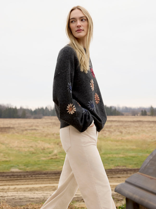 Mock Neck Sweater With Floral Embroidery - Heather Charcoal