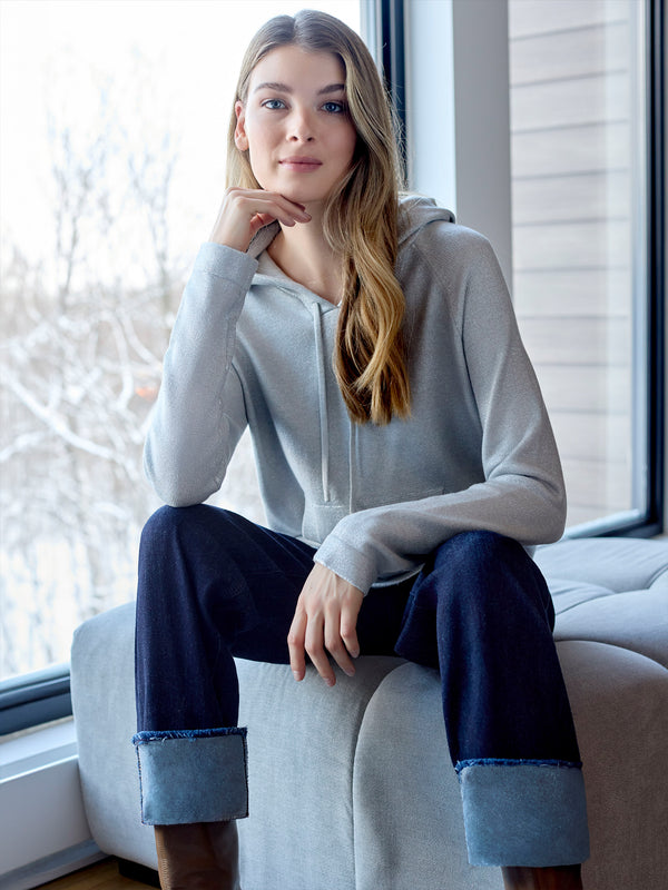 Metallic Knit Hoodie Sweater - Silver
