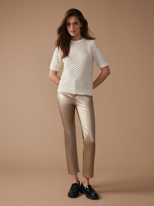 Metallic Honeycomb Short Sleeve Sweater - Ecru