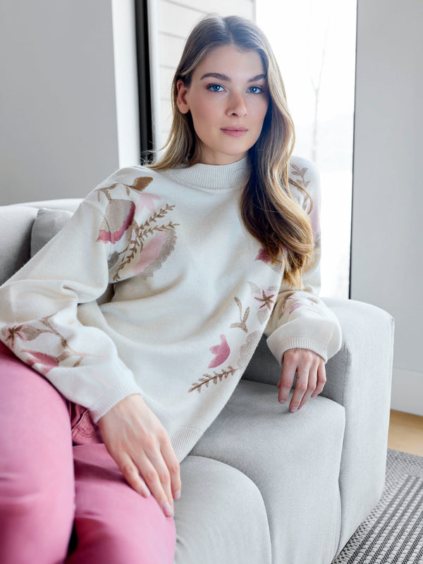 Printed Mock Neck Sweater - Heather Natural
