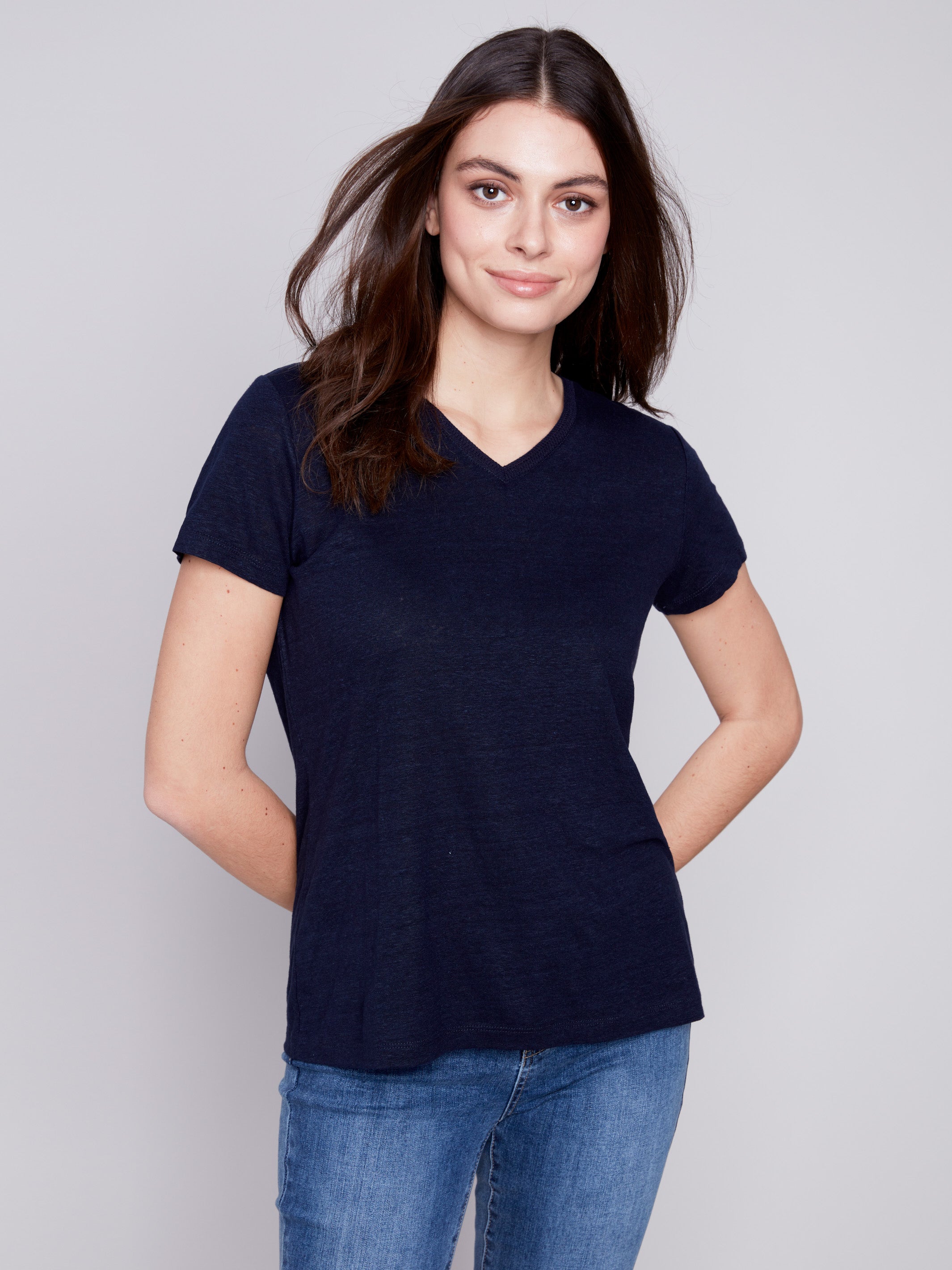 V-Neck Linen T-Shirt - Navy - Charlie B Collection Canada - Image 1