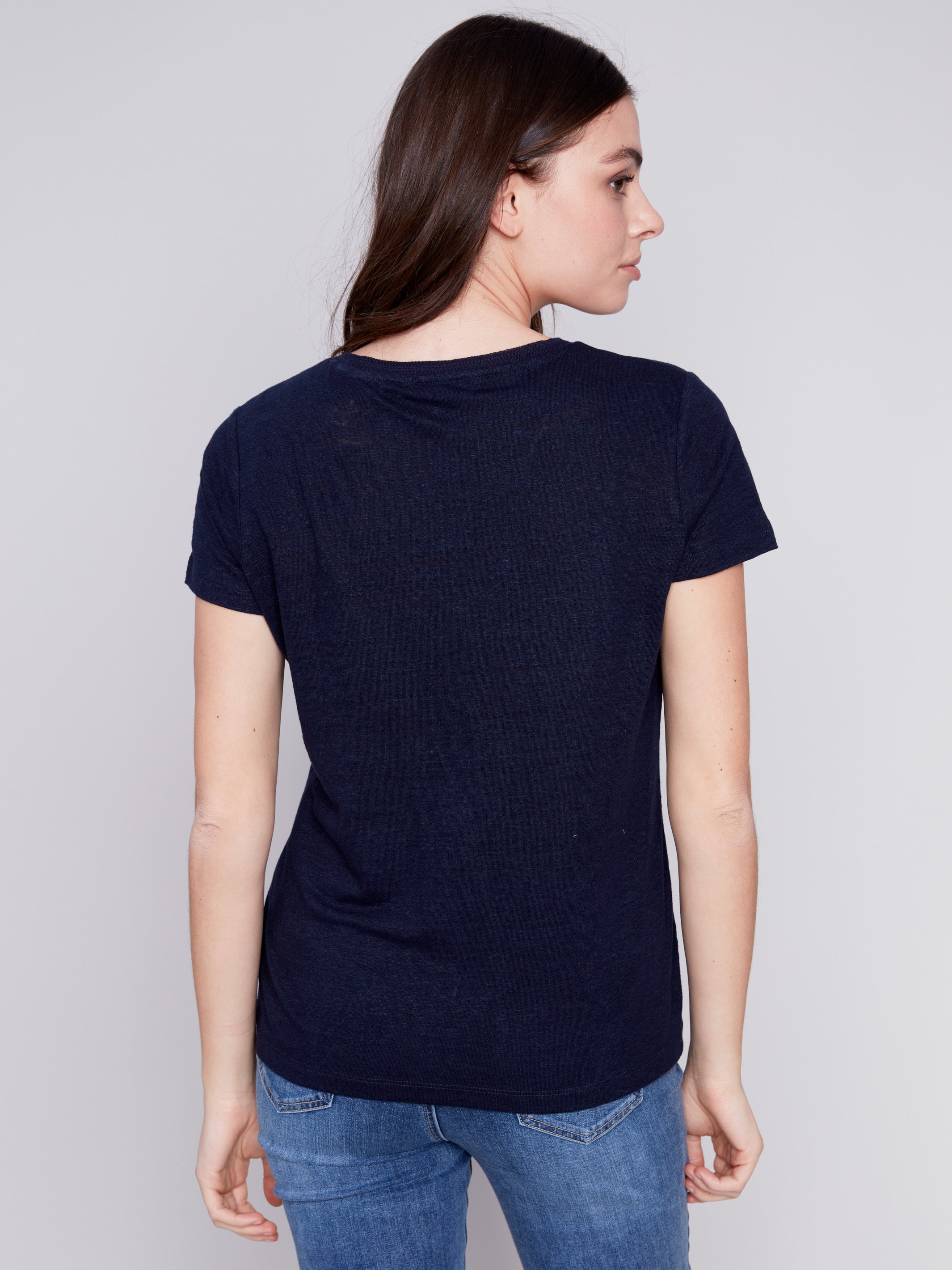 V-Neck Linen T-Shirt - Navy - Charlie B Collection Canada - Image 2