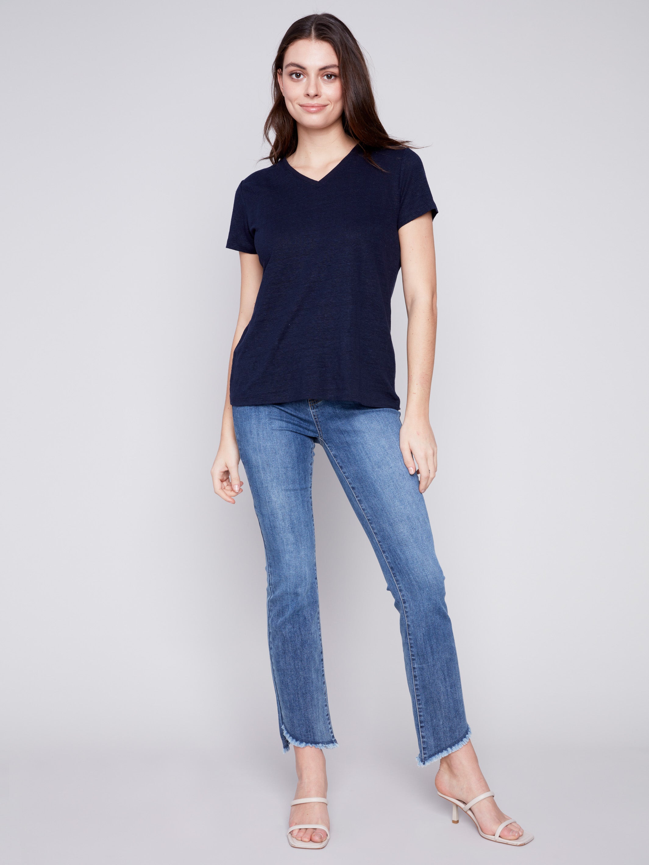 V-Neck Linen T-Shirt - Navy - Charlie B Collection Canada - Image 3