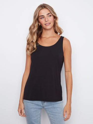 Elegant black cami with a scoop neckline and sleeveless cut, ideal for layering by Charlie B.