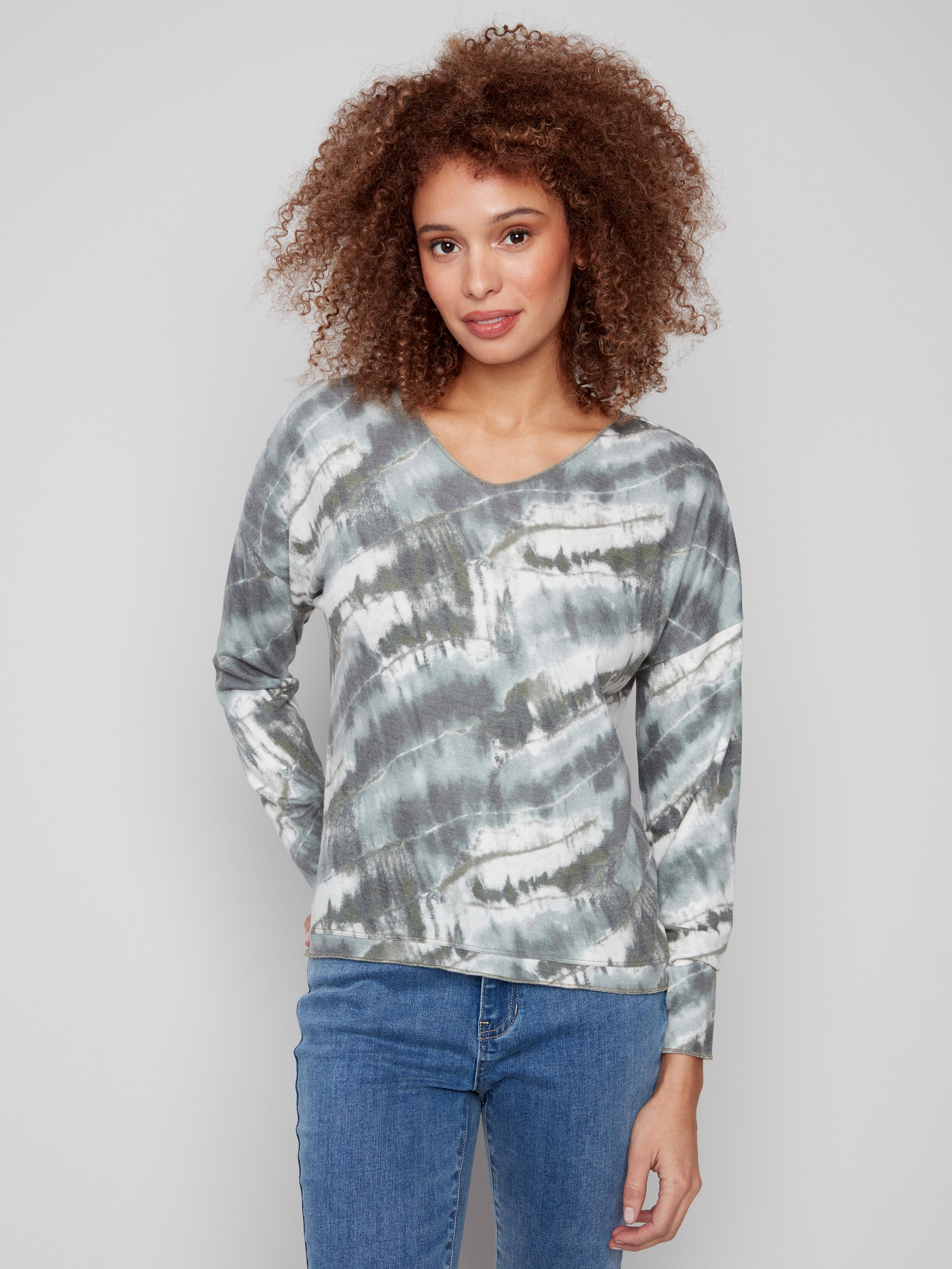 Spruce tie-dye knit top featuring a relaxed fit and long sleeves, perfect for casual outings by Charlie B.