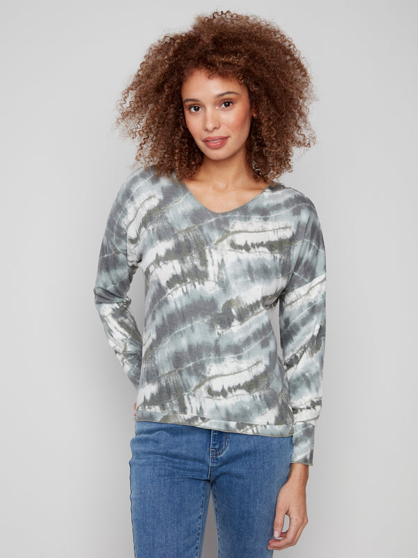 Spruce tie-dye knit top featuring a relaxed fit and long sleeves, perfect for casual outings by Charlie B.