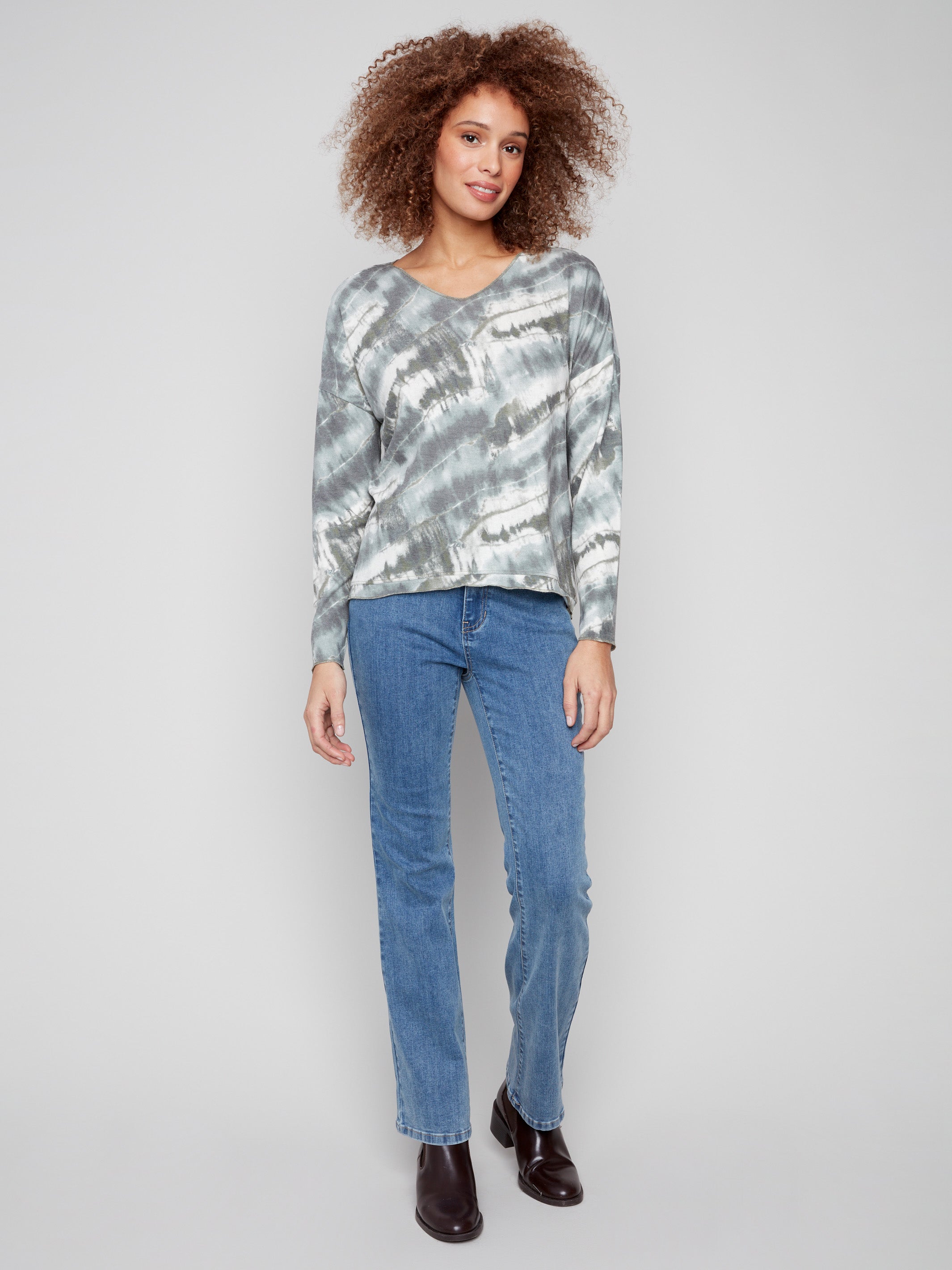 Stylish spruce tie-dye top with drop shoulders and a comfortable V-neck design by Charlie B.
