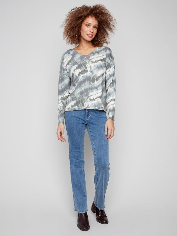 Stylish spruce tie-dye top with drop shoulders and a comfortable V-neck design by Charlie B.