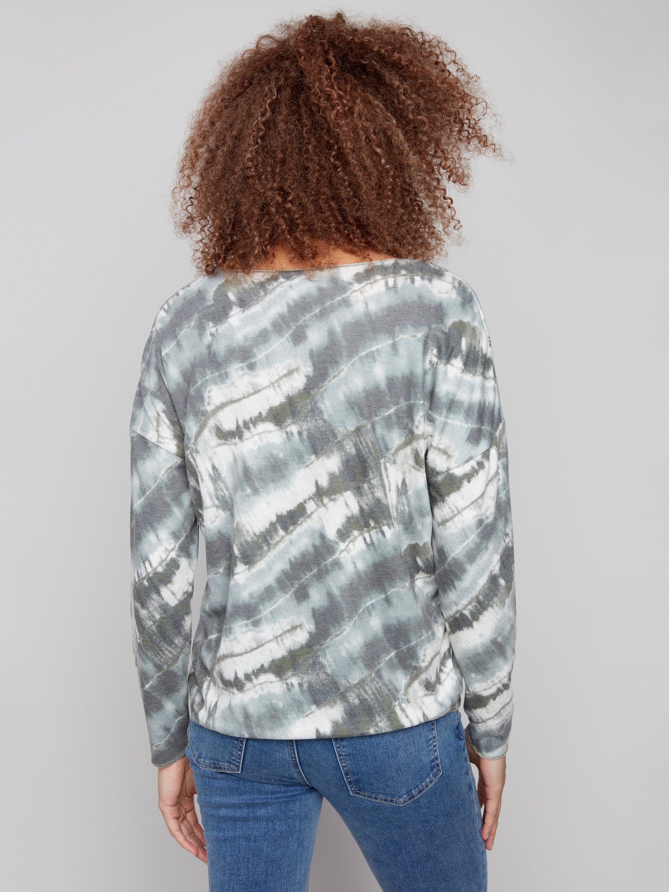 Elegant spruce tie-dye knit top showcasing a relaxed fit with unique drop shoulders by Charlie B.