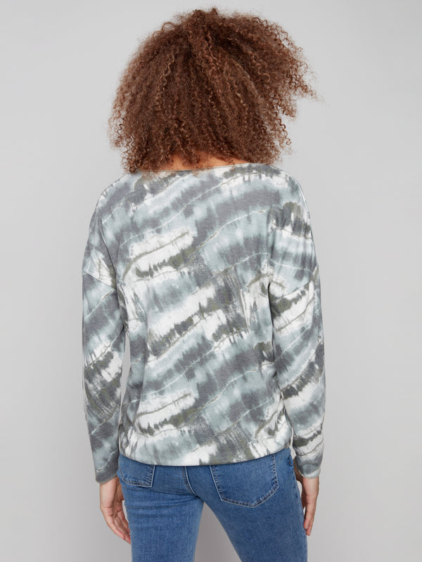 Elegant spruce tie-dye knit top showcasing a relaxed fit with unique drop shoulders by Charlie B.