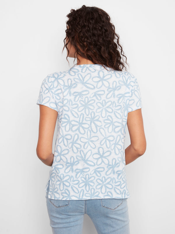Enjoy the easygoing style of this relaxed fit top featuring beautiful blue florals on pure cotton fabric. Designed by Charlie B.