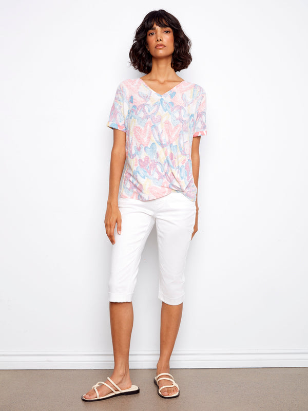 Printed V-Neck T-Shirt With Knot Detail - Rainbow