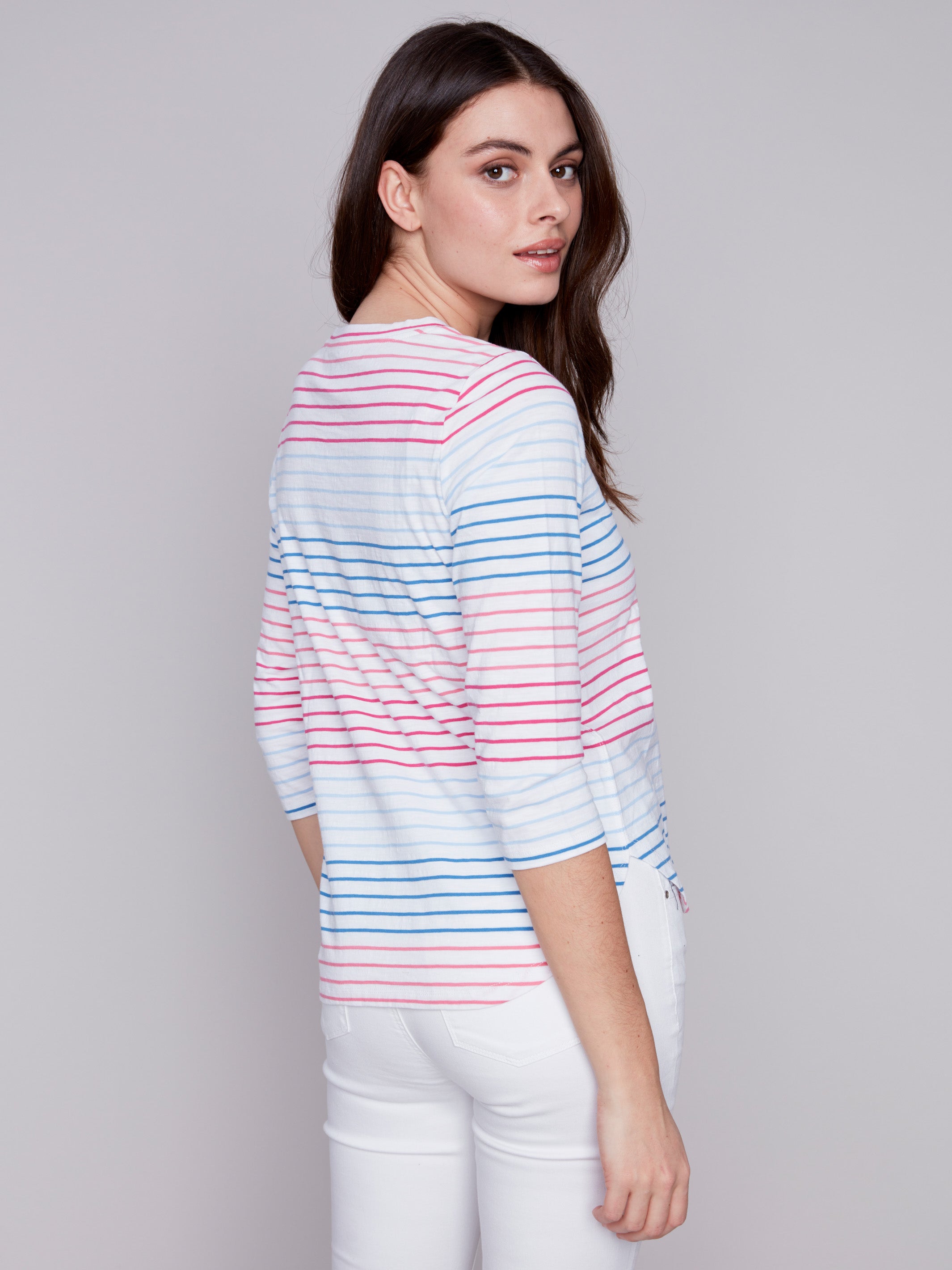 Striped ¾ Sleeve Cotton Top - Multicolor