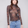 Spruce printed mesh long-sleeve top with a mock neck and side gatherings by Charlie B.
