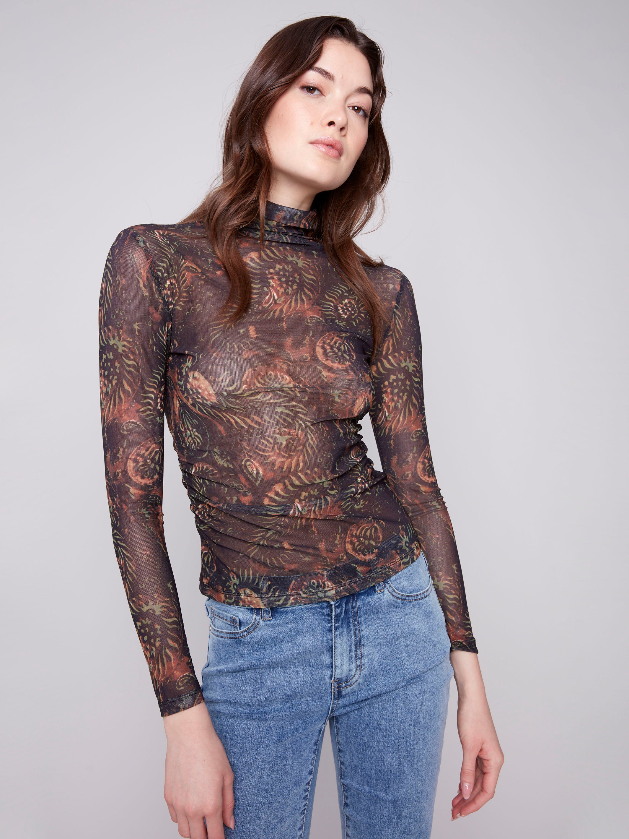 Spruce printed mesh long-sleeve top with a mock neck and side gatherings by Charlie B.