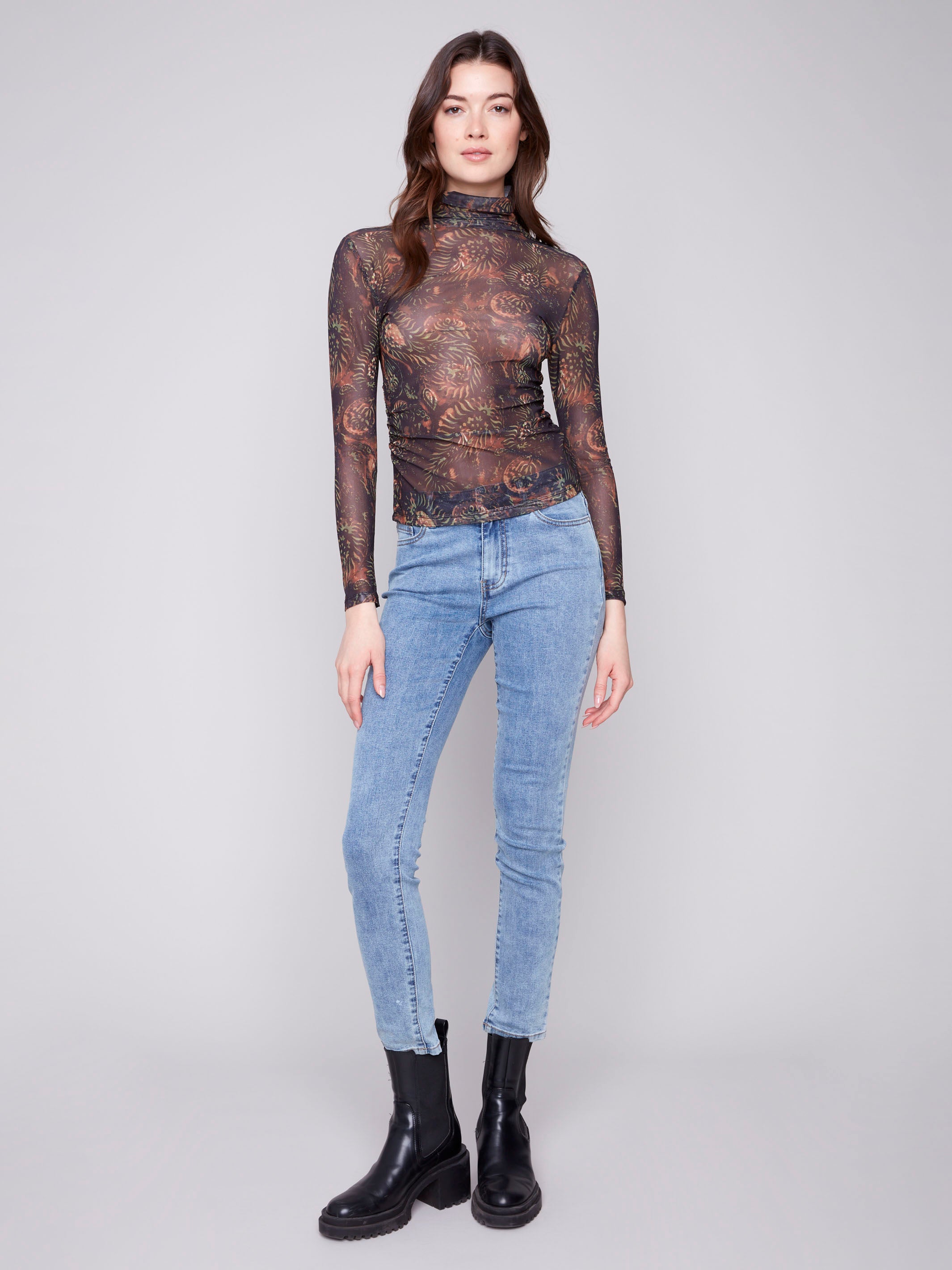 Spruce printed mesh long-sleeve top with a mock neck and side gatherings by Charlie B.
