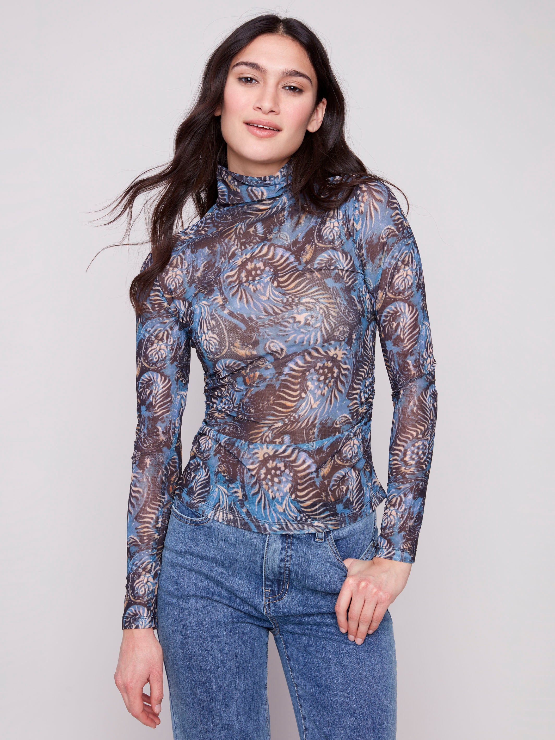 Midnight printed mesh long-sleeve top with a mock neck and side gatherings by Charlie B.