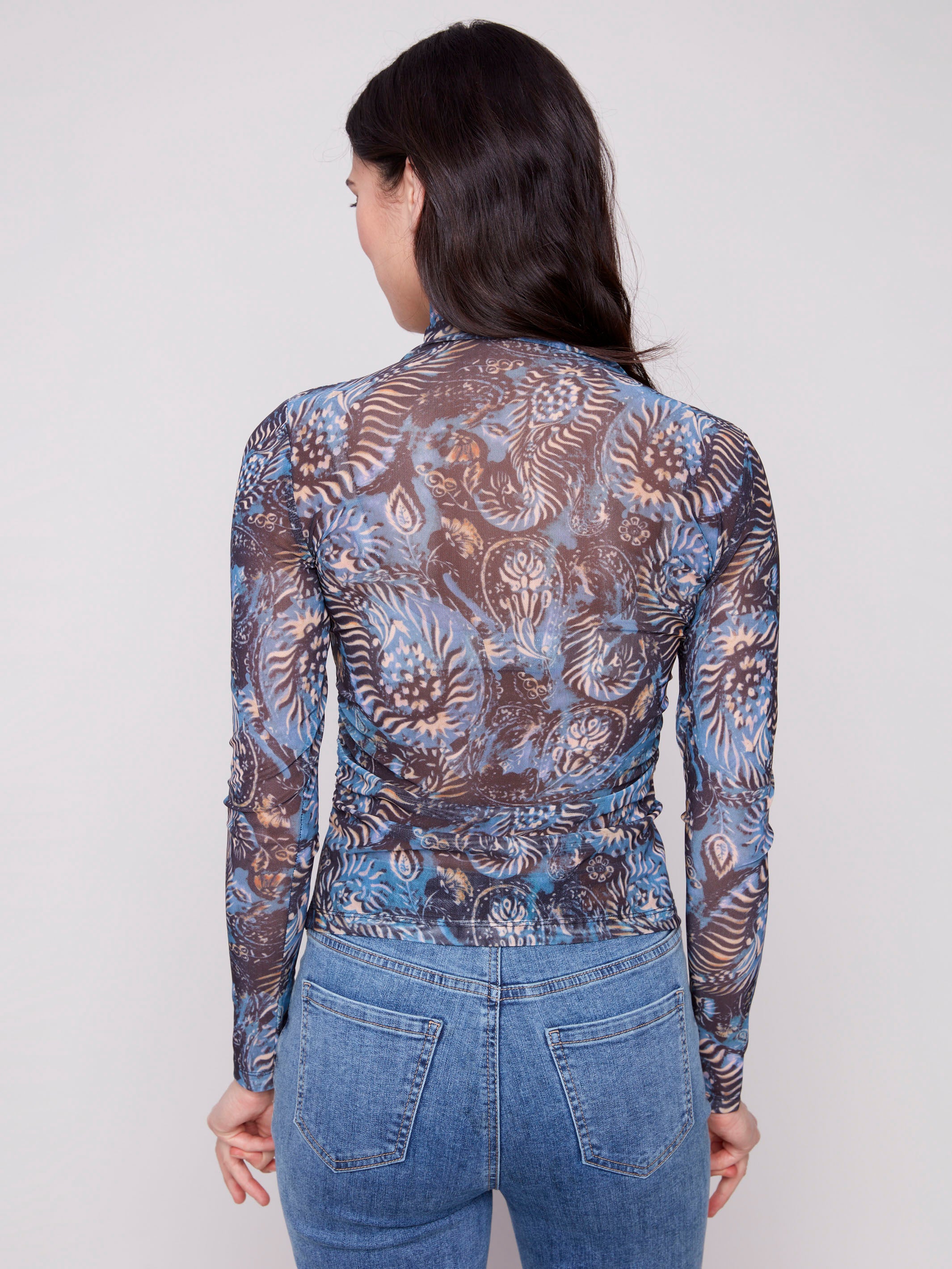 Midnight printed mesh long-sleeve top with a mock neck and side gatherings by Charlie B.