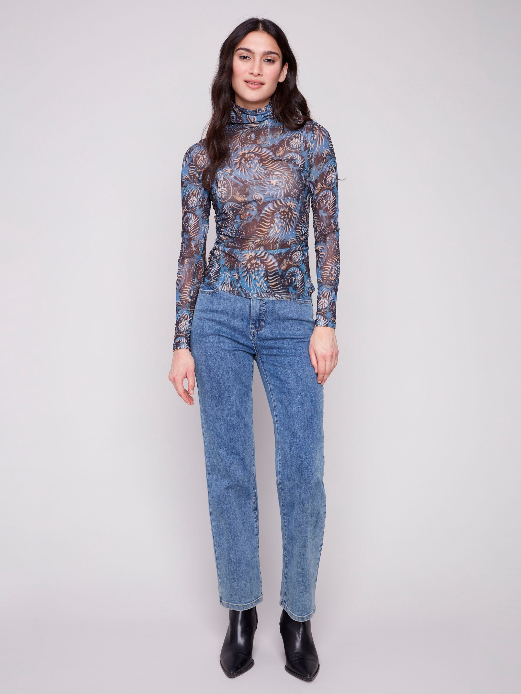 Midnight printed mesh long-sleeve top with a mock neck and side gatherings by Charlie B.